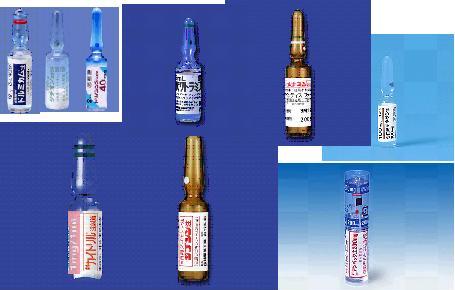 製造業者によって、アンプル剤の表示ラベルの色や文字の方向、ワンポイント・カットマークの位置などにばらつきがある。（写真提供：昭和大学病院薬剤部）